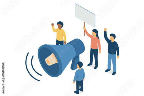 Isometric crowd protesting with megaphone and blank sign