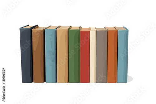 Ten hardcover books standing upright with muted spine colors on white
