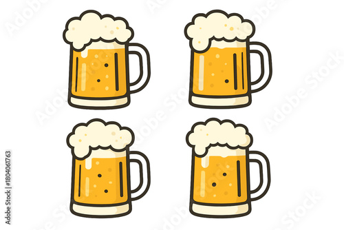 Four stylized beer mugs with foamy heads and rising bubbles