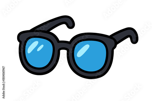 Black framed sunglasses with vibrant blue lenses and thick outline