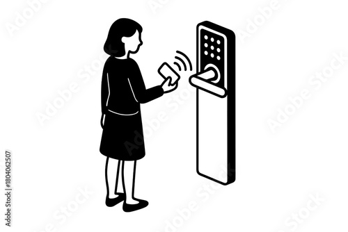 Woman uses contactless key card for smart door access system entry