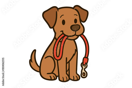 Happy brown puppy dog sitting while holding red leash in mouth