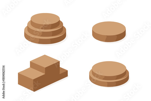 Isometric display podiums and winner pedestals in various brown shapes