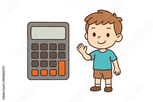 Cheerful young boy waving next to a handheld electronic calculating machine