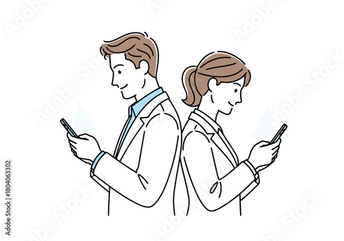 Illustration of a man and woman standing back to back, each looking at their smartphone