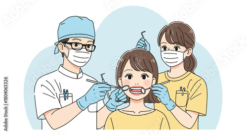 Illustration of a dentist and dental assistant examine a patients teeth with dental instruments in a bright, clean dental office