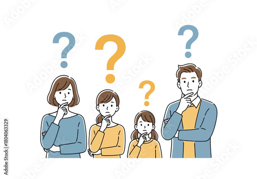Illustration of a family of four, two parents and two children, are thinking with question marks above their heads