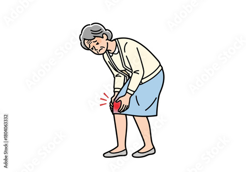 Illustration of elderly woman suffering from knee pain, holding her knee with a pained expression