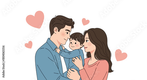 Illustration of a loving family with parents holding their child, surrounded by hearts