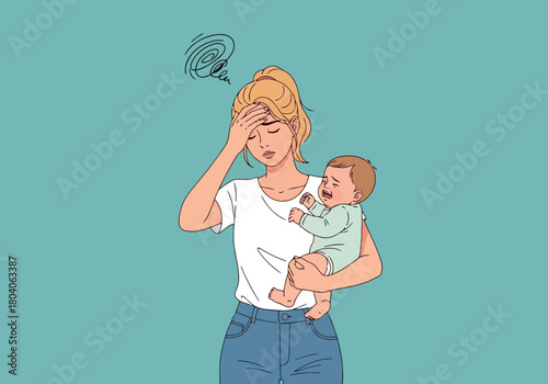 Illustration of stressed mother holding crying baby, feeling overwhelmed and exhausted with a headache, symbolizing parental burnout and mental health struggles