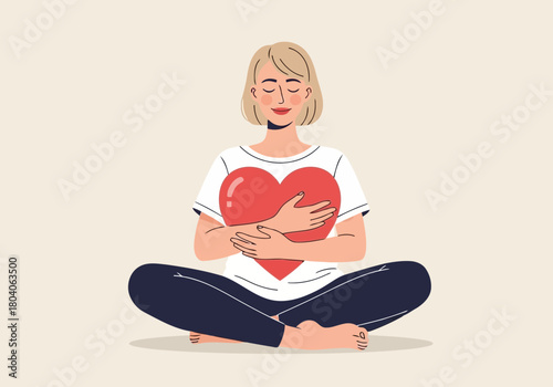 Illustration of a woman sitting in a lotus position with her eyes closed, holding a large red heart to her chest, symbolizing selflove and inner peace