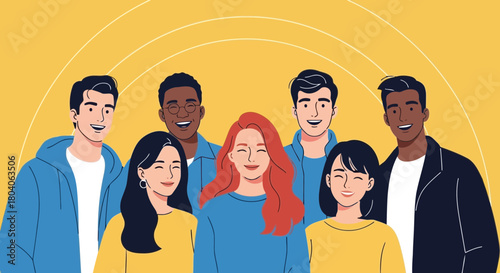 Illustration of a diverse group of seven smiling young adults, men and women, standing together in front of a yellow background with abstract circular lines