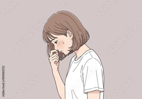 Illustration of a young woman with short brown hair, wearing a white tshirt, looks down with her eyes closed, touching her nose with her finger