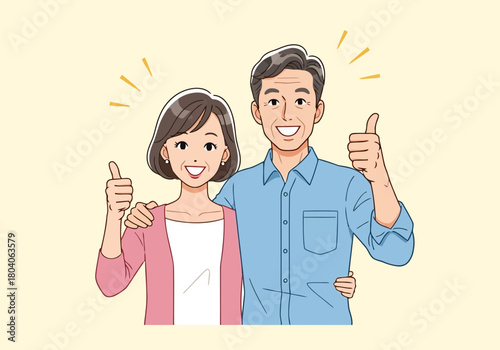 Illustration of happy middleaged couple giving a thumbs up with smiles, conveying approval and positivity, isolated on a light yellow background