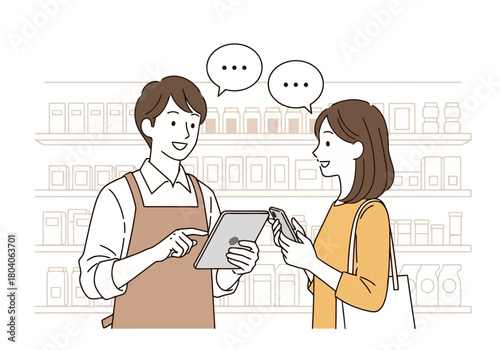 Illustration of a male store clerk shows something on a tablet to a female customer in a store, with speech bubbles above them