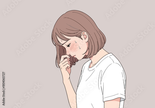 Illustration of a young woman with short brown hair, wearing a white tshirt, looks down with her hand near her face, conveying sadness or contemplation