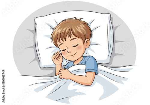 Illustration of a young boy peacefully sleeping in his bed, covered by a white blanket and resting his head on a fluffy pillow, conveying a sense of calm and rest