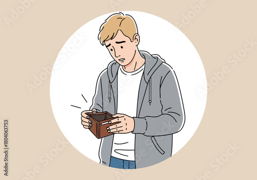 Illustration of young man looking at his empty wallet with a worried expression, symbolizing financial hardship and lack of money
