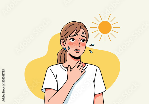 Illustration of woman feeling unwell and sweating profusely due to extreme heat and sun exposure, with a worried expression