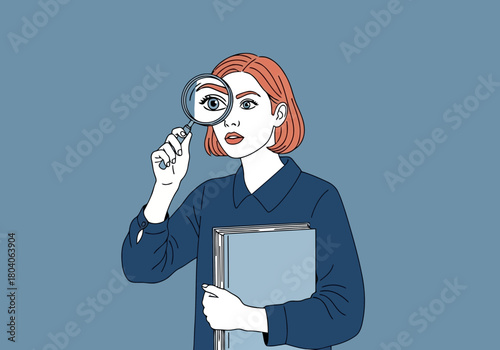 Illustration of a woman with short red hair looks through a magnifying glass at her own eye, holding a book, against a blue background
