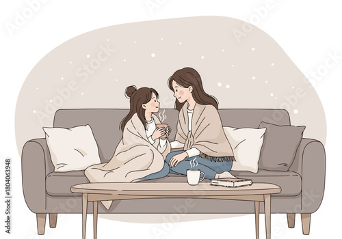 Illustration of a mother and daughter share a warm moment on the couch, enjoying hot drinks and each others company on a cozy winter day