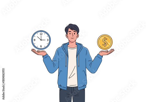 Illustration of man holding a clock in one hand and a coin in the other, symbolizing the choice between time and money