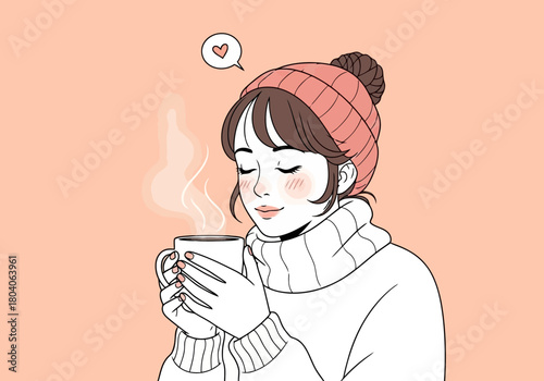 Illustration of a young woman wearing a knitted hat and sweater, holding a steaming mug of a hot beverage with her eyes closed and a heart symbol above her head