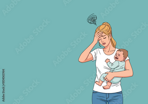 Illustration of stressed mother holding crying baby, feeling overwhelmed and exhausted with parenting challenges and lack of sleep