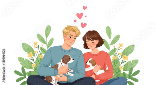 Illustration of young couple in love, holding puppies, surrounded by green leaves and small yellow flowers, with hearts above