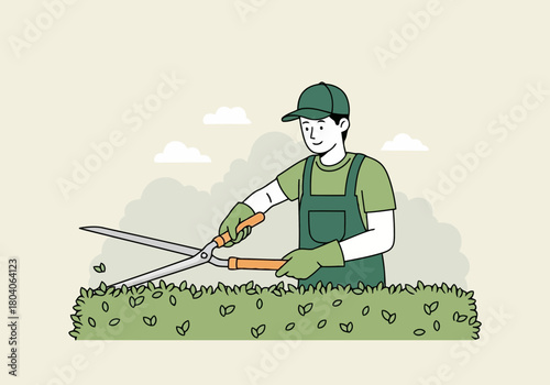 Illustration of gardener wearing overalls and gloves trims a green hedge with large shears, with clouds in the background