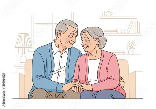 Illustration of elderly couple holding hands and looking at each other lovingly while sitting on a couch, symbolizing enduring love and companionship