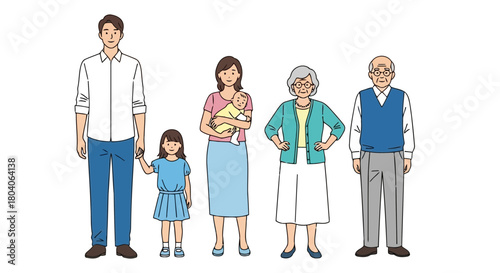 Illustration of a multigenerational family group portrait, including parents, grandparents, and a child
