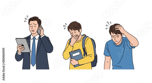 Illustration of three young men looking stressed and worried, one on the phone, one holding a book, and one with his hand on his head