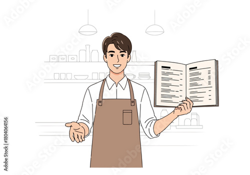 Illustration of a smiling young man wearing an apron holds open a menu, presenting it to the viewer with a welcoming gesture