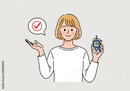 Illustration of woman holding a glucose meter and showing a checkmark in a speech bubble, representing successful diabetes management and health monitoring