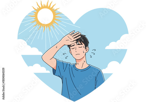Illustration of a young man wiping sweat from his forehead under the hot sun, feeling the heat and discomfort of a summer day