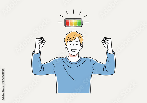 Illustration of energetic young man with a full battery symbol above his head, celebrating with clenched fists and a smile, representing high energy and motivation