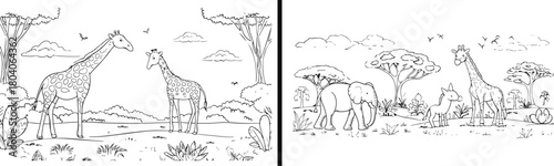 african wildlife silhouette set, savannah animals illustration, elephant and giraffe vector, wild nature artwork, african landscape design, safari animal poster, zebra and lion outline, wildlife scene