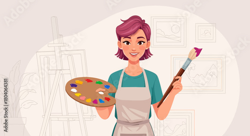 Illustration of a smiling female artist with short pink hair, holding a colorful paint palette and a brush, ready to create art in her studio