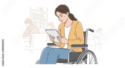 Illustration of young woman in a wheelchair reading a tablet in a library with blurred background