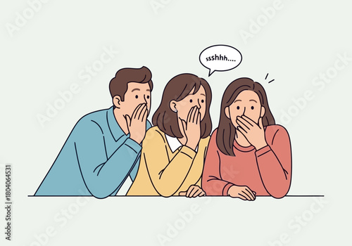 Illustration of three people whispering secrets to each other, covering their mouths and looking surprised, with a speech bubble saying ushhh