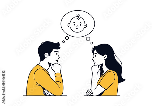Illustration of couple contemplating having a baby, thinking about a child with a thought bubble above their heads
