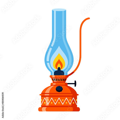 Illustration of vintage kerosene lamp with a blue glass chimney and a bright flame