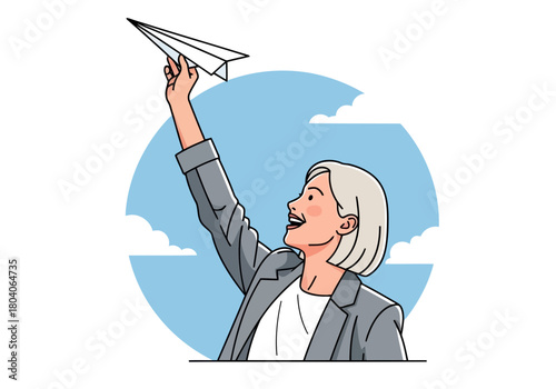 Illustration of a woman in a suit joyfully launches a paper airplane into the sky, symbolizing dreams and aspirations