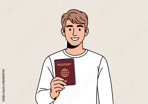 Illustration of young man holding a passport, ready for travel and adventure, smiling confidently
