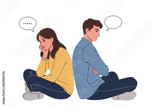 Illustration of couple sitting back to back with speech bubbles, representing disagreement and silent treatment