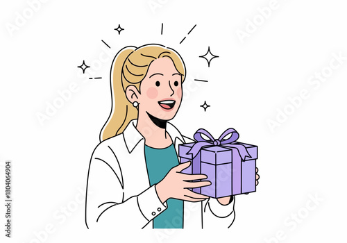 Illustration of young woman with blonde ponytail holding a purple gift box with a bow, looking surprised and happy