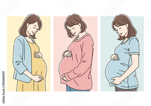 Illustration of three pregnant women in profile, each holding their belly, depicted in a simple, charming illustration style with pastel backgrounds