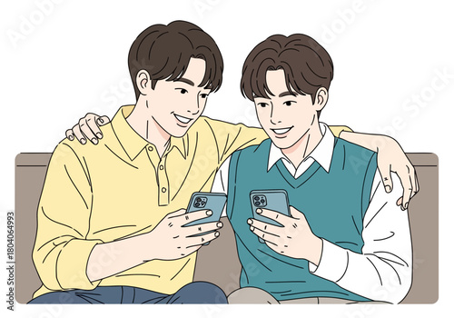Illustration of two young men sitting together on a couch, smiling and looking at their smartphones, with arms around each other