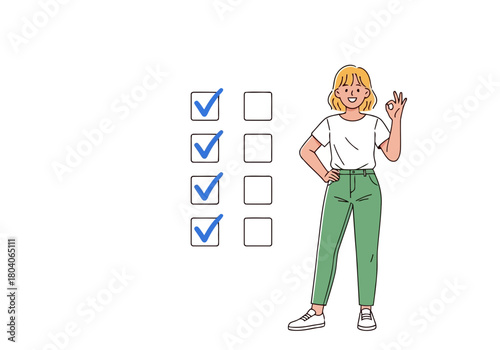 Illustration of young woman standing next to a checklist with four items, three of which are checked, giving an ok sign